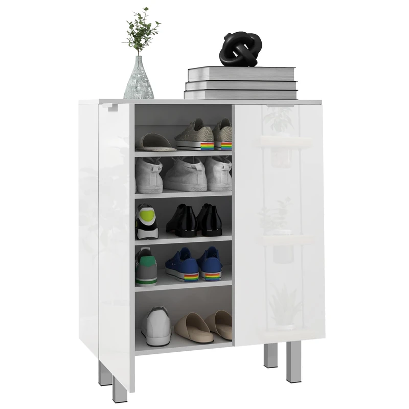 HOMCOM Shoe Storage Cabinet, Compact with Soft-Close Hinges and Adjustable Shelves for 15-20 Pairs, High Gloss White