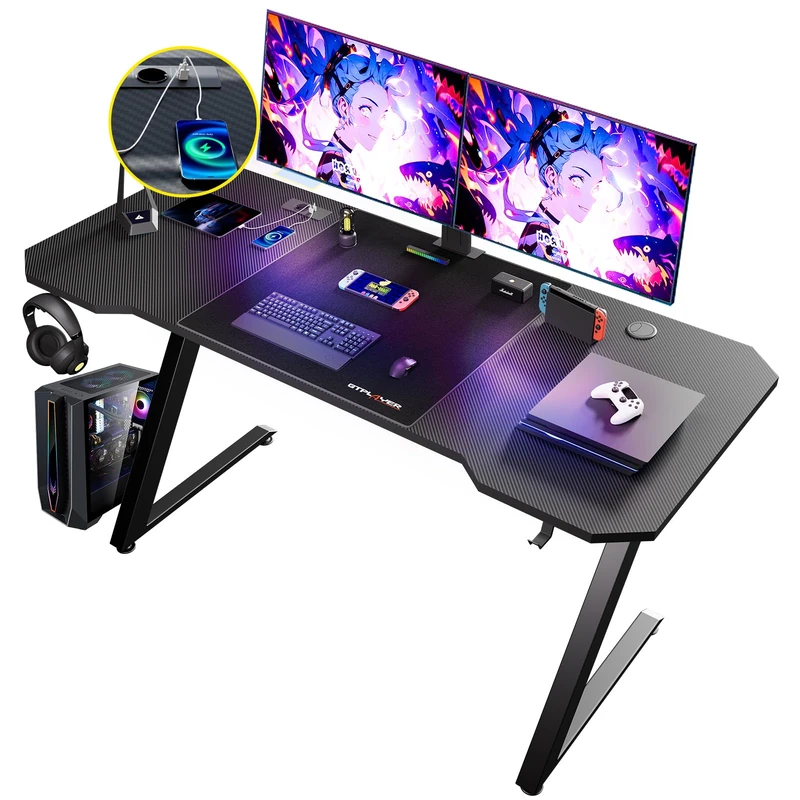 GTPLAYER Gaming Desk 120 x 60 cm, Gamer Desk with Power Outlet, Gaming Table PC with Mouse Pad, Headphone Hook