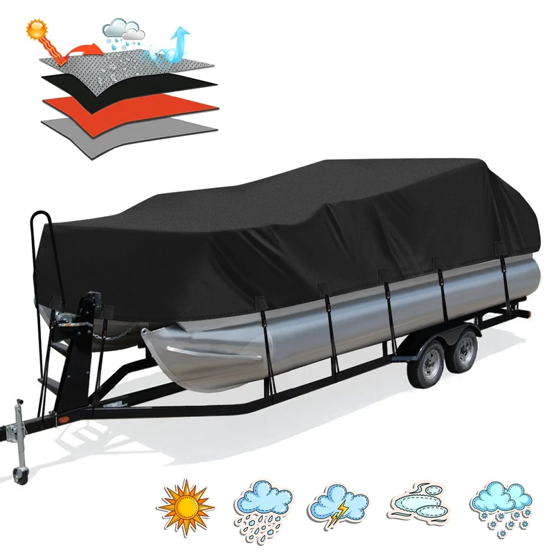 Solim Trailerable 1200D PU Heavy Duty Pontoon Boat Cover, 19-21ft Waterproof Oxford Marine Grade UV Resistant Polyester Canvas Cover, Boat Cover for Pontoon with 16 Adjustable Tie Down Straps, Black