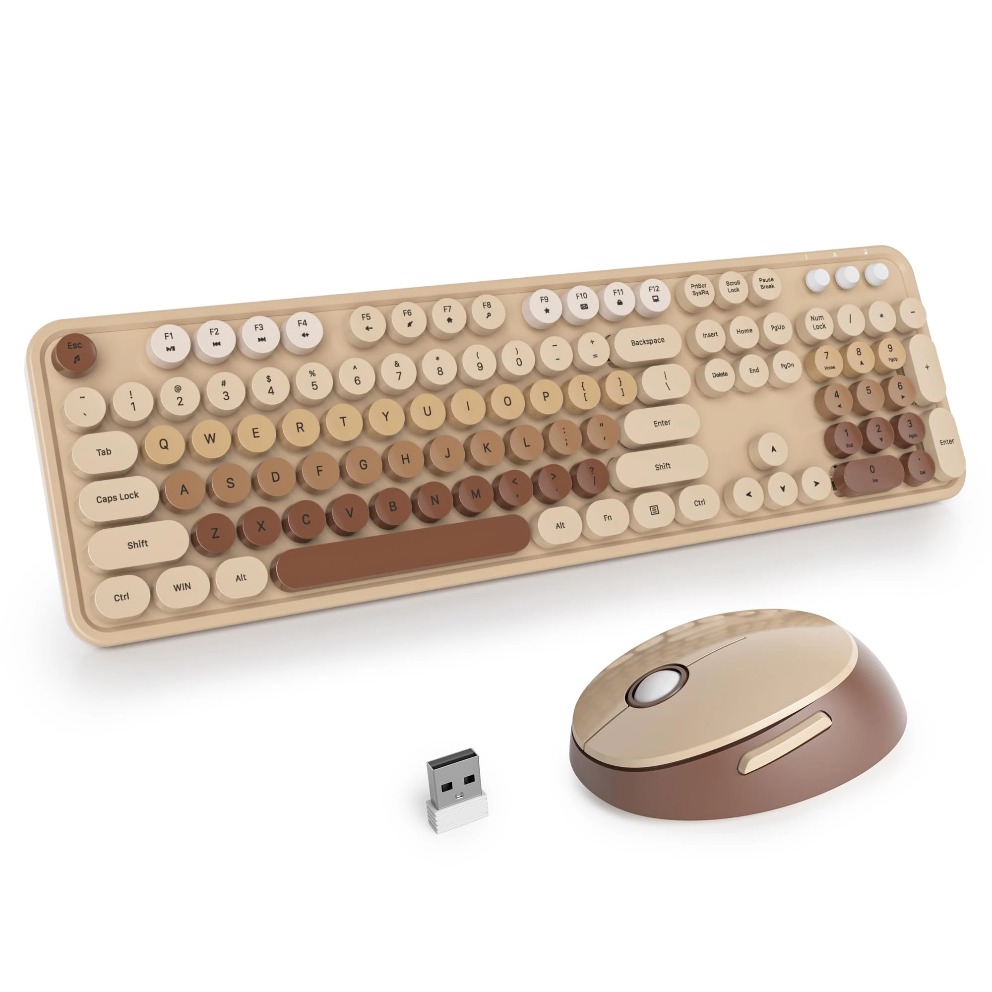 SOLIDEE Wireless Keyboard and Mouse Combo,Retro Typewriter Keyboard,2.4GHz Colorful Round Keycap Computer Keyboard with Number Pad,104 Keys Full Size Ergonomic Keyboard(US Layout QWERTY)(Mixed Coffee)