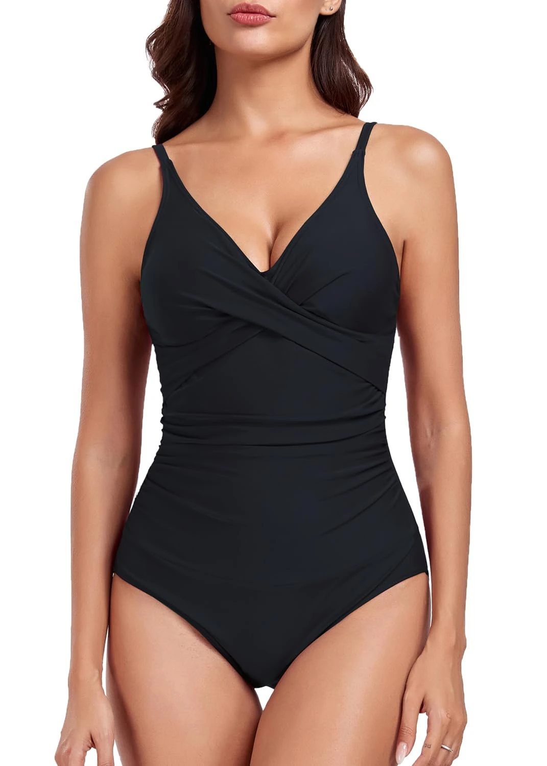 Deriwone One Piece Swimsuit Ruched Tummy Control Swimming Costume V Neck Swimwear Padded Bathing Suits S,Black