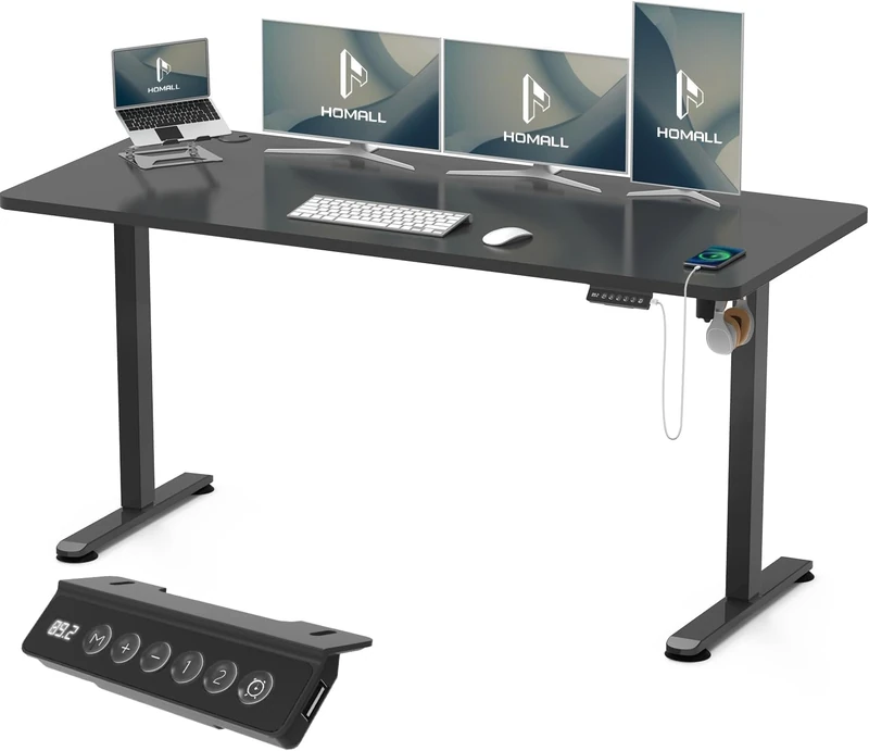 Homall Electric Height Adjustable Desk, Adjustable Height Office Desk with USB Ports, 160x70cm, Home Office with Splice Board, Black