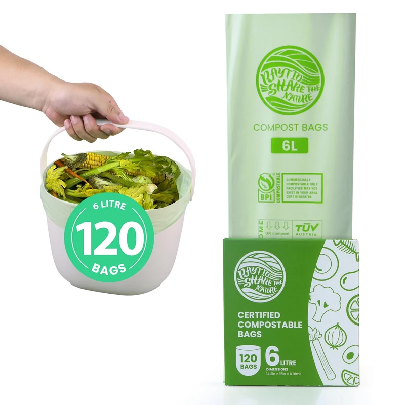 RAYTID 28% Extra Strong Compostable Food Waste Bags 6L 120 Bin Bags EN13432 Home Compost bin liners