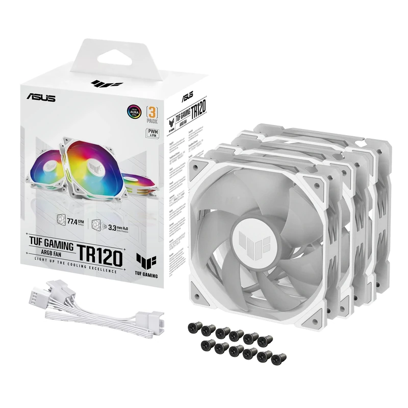 ASUS TUF Gaming TR120 ARGB Triple Pack White Edition 120mm Fans (28mm Frame, 3.3mm High Static Pressure H2O, Dual Layer LED Matrix, Aura Sync, PWM Fan Control)