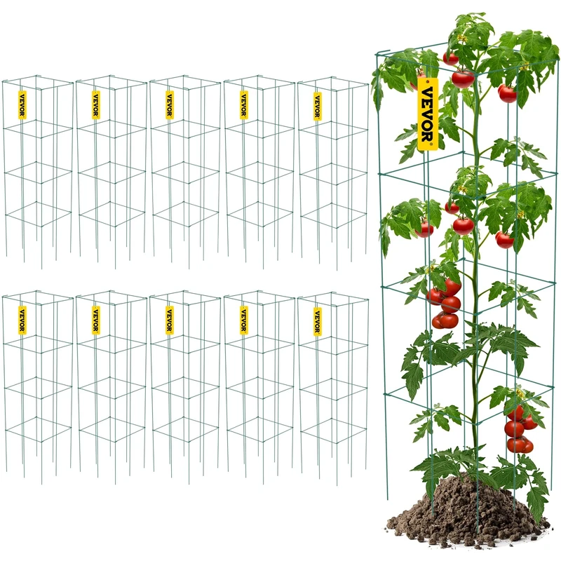 VEVOR Tomato Cages, 11.8" x 11.8" x 46.1", 10 Packs Square Plant Support Cages, Green PVC-Coated Steel Tomato Towers for Climbing Vegetables, Plants, Flowers, Fruits