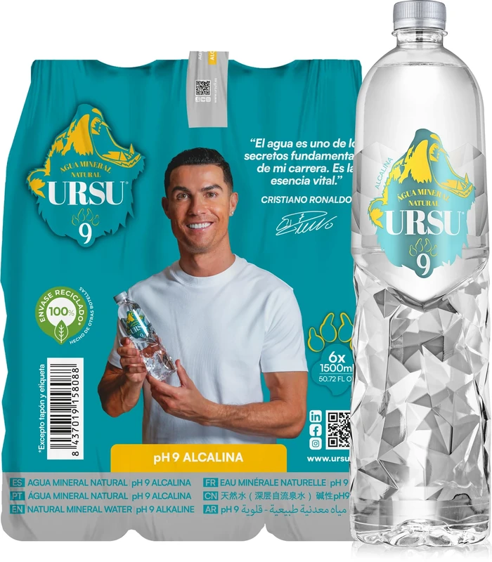 Ursu9 Natural Alkaline Mineral Water - 6 x 1500ml | Ph9 | Naturally High in Calcium | Enhanced Hydration & Muscular Recovery | Supports Dental Health, Heart & Diabetes Care | CR7 Inspired