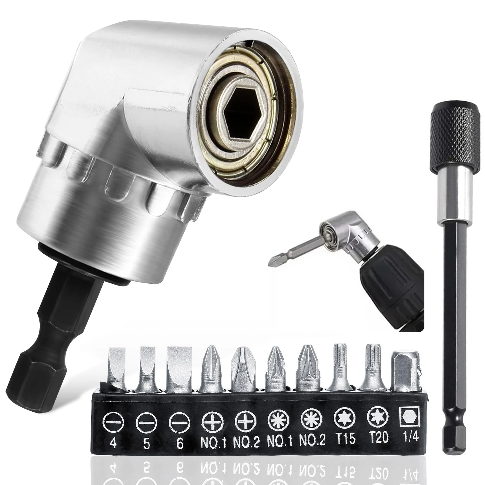 Vakki 12 Pack 105 Degree Right Angle Drill Attachment with 10cm Magnetic Extension Bit Holder and 10 Screwdriver Bits Set, 1/4-inch Hex Bit Socket Screwdriver Holder Adaptor for Tight Corner Workspace