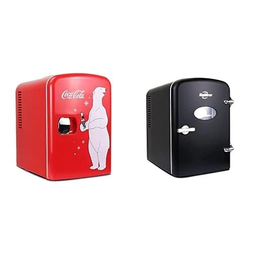 Koolatron Mini Fridge 4L Small Fridge 6 Can Quite Mini Fridges Mini Cooler Warmer for Office Home & Travel PB Red + Retro Mini Fridge 4L Table Top Mini Fridges for Skincare 12V Portable Cooler Black
