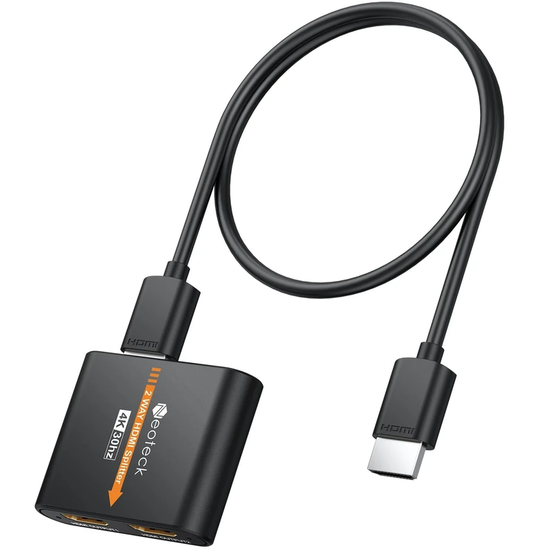 Neoteck 1 in 2 Out HDMI Splitter, 1x2 HDMI Splitter for Dual Monitors Duplicate/Mirror Supports 3D and 4K x 2K(30hz) Audio Video Distributor with 0.5M Cable Compatible for HDTV, DVD, PS4, Projector