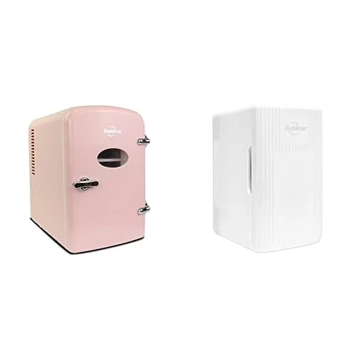 Koolatron Retro Mini Fridge 4L Small Fridge 6 Can Table Top Mini Fridges 12V Portable Cooler Pink + Retro Mini Fridge 6L 8 Can Quiet Mini Fridges for Skincare Food Drinks Home Car & Travel White