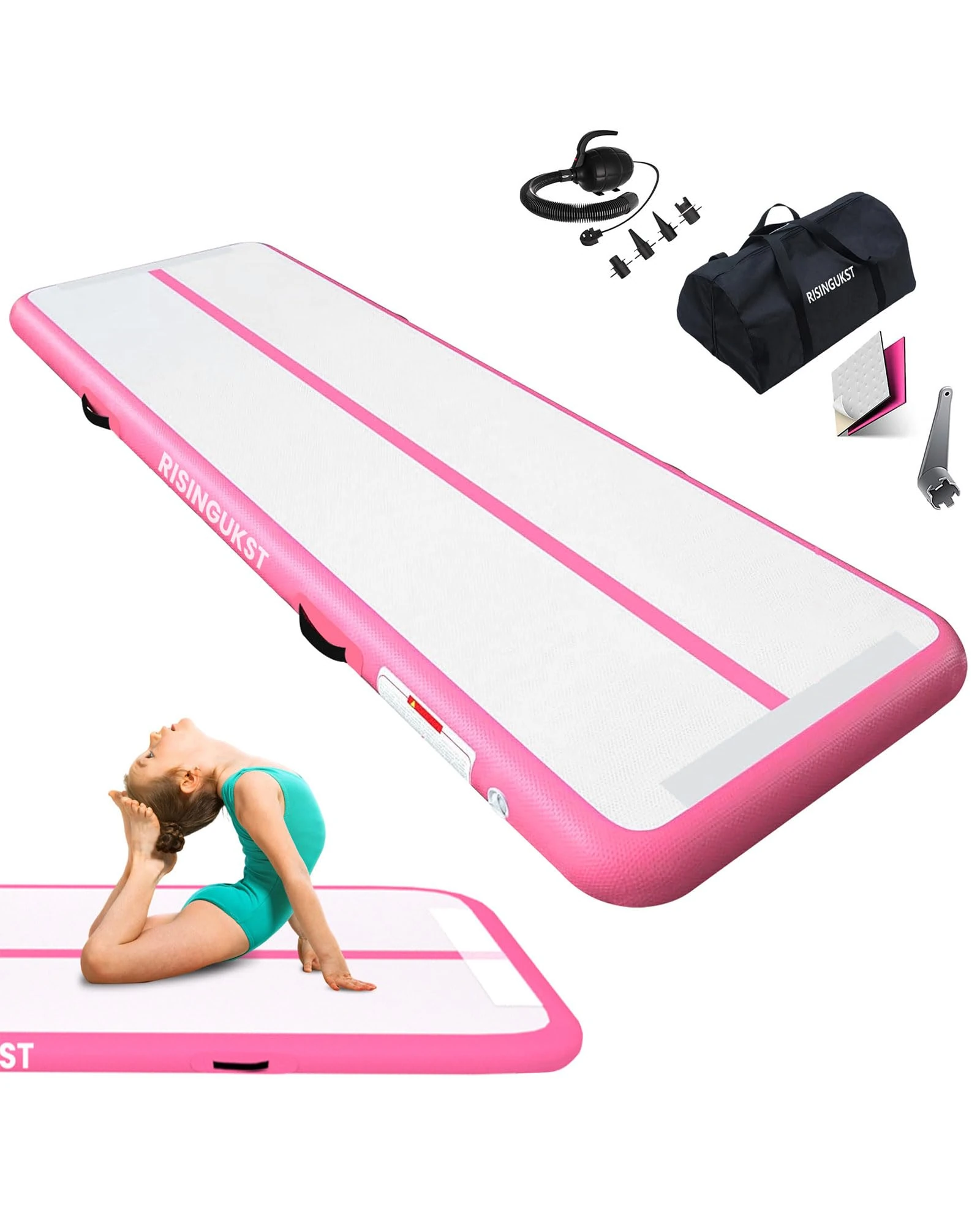 RISINGUKST Air Gymnastics Track Tumbling Mat Inflatable, 6.6ft 10ft 13ft 16ft 20ft Training Mats 4/8 Inch Thickness, Air Roller Air Barrel (Pink, 300 * 100 * 10cm)