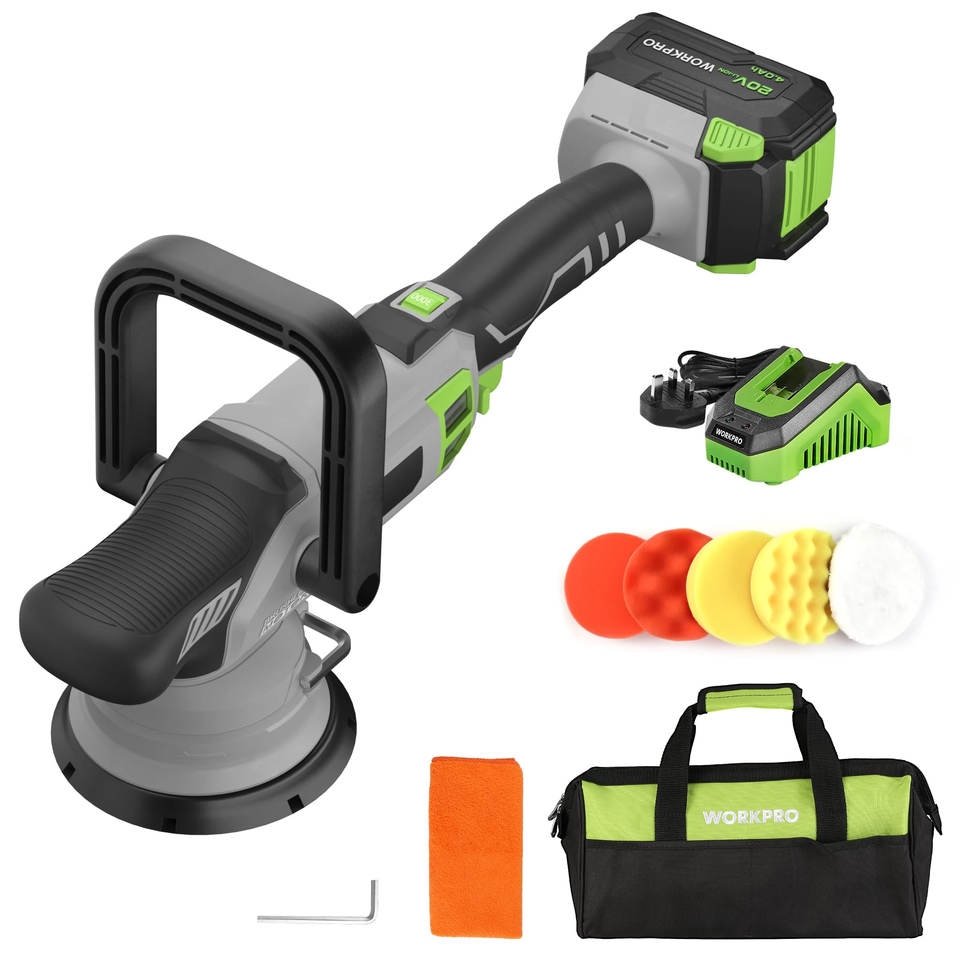 WORKPRO Cordless Buffer Polisher Kit, 20V Brushless Dual Action Car Polisher with 4.0Ah Battery, 7 Variable Speeds Polishing Machine with D Handle for Car Detailing, Polishing, Waxing