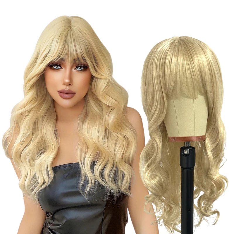 EUPSIIU Long Wave Blonde Wig for Women 27'' Curly With Bangs - Synthetic Hair for Fancy Dress, Cosplay Party, Daily Use (Blonde)