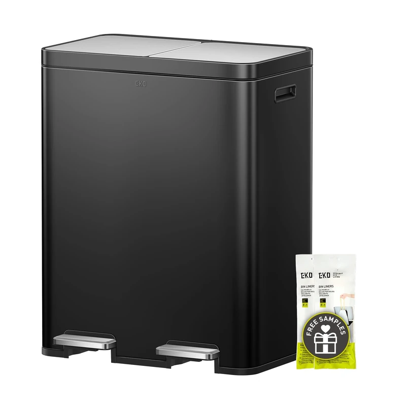EKO Edison Trash Can 2 Compartments, 2 x 30 Litres, Pedal Bin Kitchen with Double Inner Bucket, 20 Rubbish Bags, Large Capacity Waste Separation System, Soft Closing Lid, Fingerprint Free, Matte Black