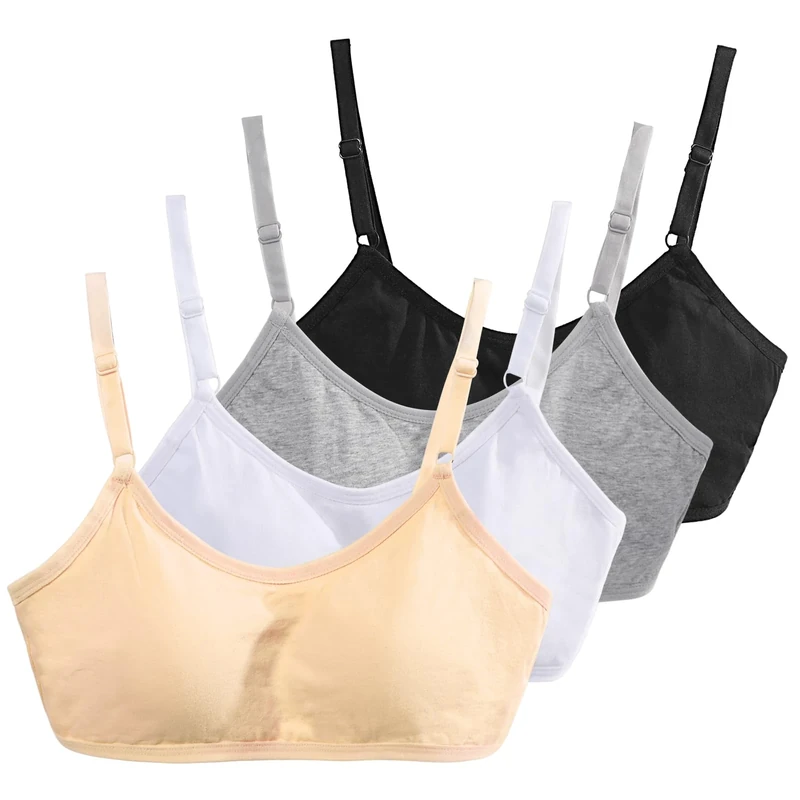 Radsocken 4 Pack Sports Bra for Girls, Cotton Training Crop Bras with Adjustable Strap Seamless Sports Underwear, Teenage Girls Crop Top for 10-16 Years(Multicolor 2)