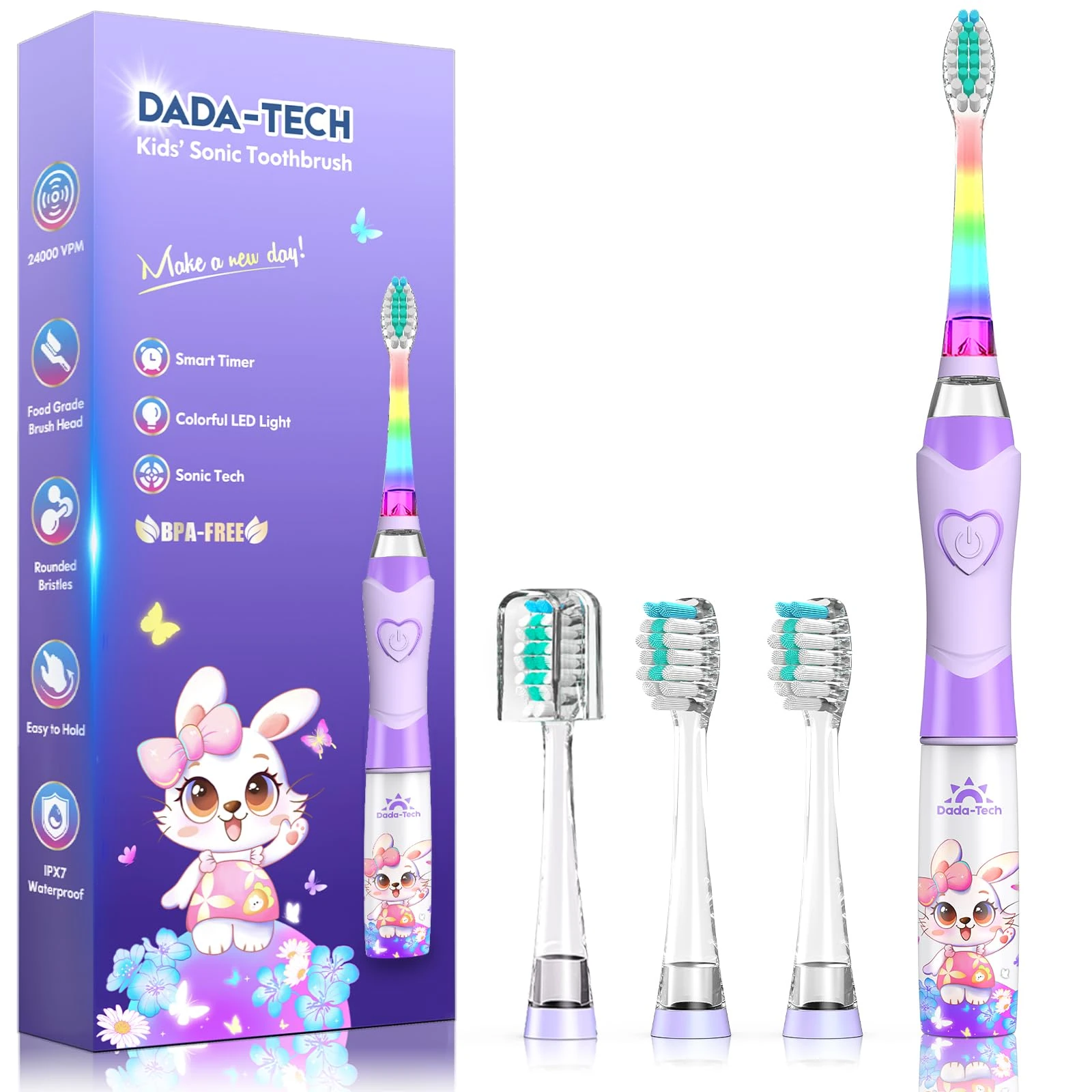 Kids Electric Toothbrush 3-5-6-12, Toddler Toothbrush Girls Electric Toothbrush with Timer Rainbow LED Light Up Sonic Battery Powered Junior Childrens Electric Tooth Brush (Purple Rabbit)