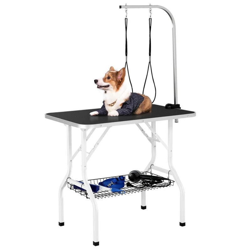Yaheetech Foldable Dog Grooming Table 36'' Height Adjustable Pet Grooming Table w/Tool Shelf for Small/Medium Dogs/Cats Texture Groomers Table w/2 Loops, Black - Image 1