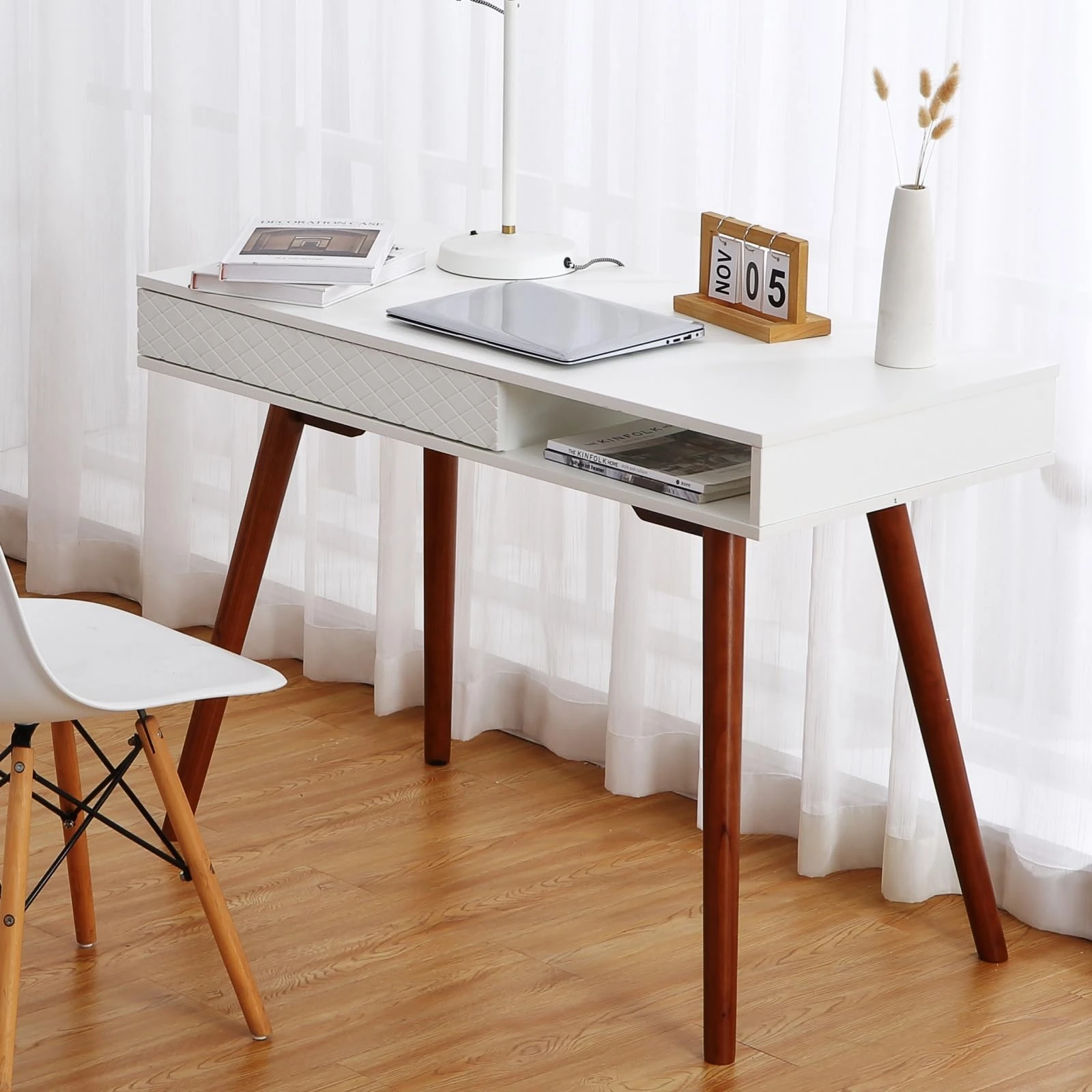 GarveeHome 42 in Mid Century Home Office Writing Desk, Modern Simple Computer Desk with Drawer and Open Storage Cubby, Small Vanity Table Desk for Bedroom, White