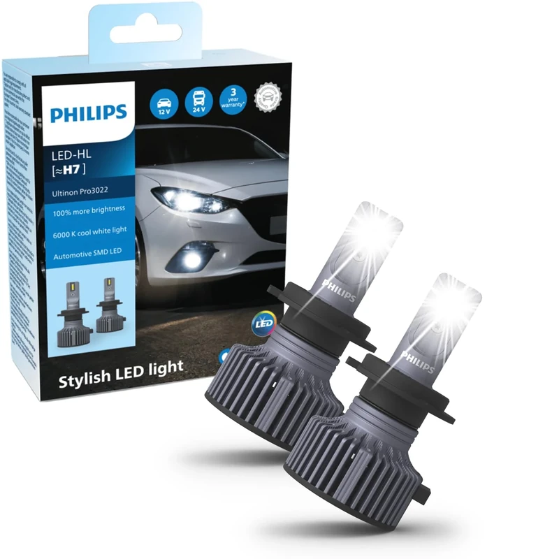 Philips Ultinon Pro3022 LED Car Headlight Bulb (H7), +100%, cool white light of 6.000K, set of 2
