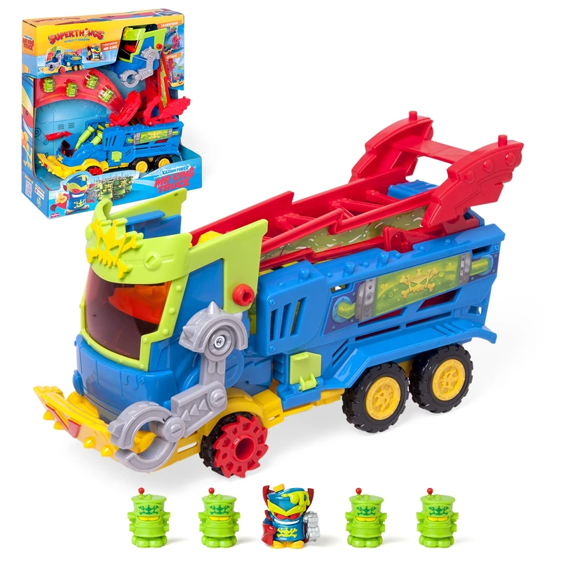 SUPERTHINGS KAZOOM POWER – Mr King Truck. Mr King's truck from the animated series "Kazoom Power". Contains 1 Mr King Truck, 1 Exclusive Mr King, 4 Robotoxics, 1 Blaster, and 3 Projectiles