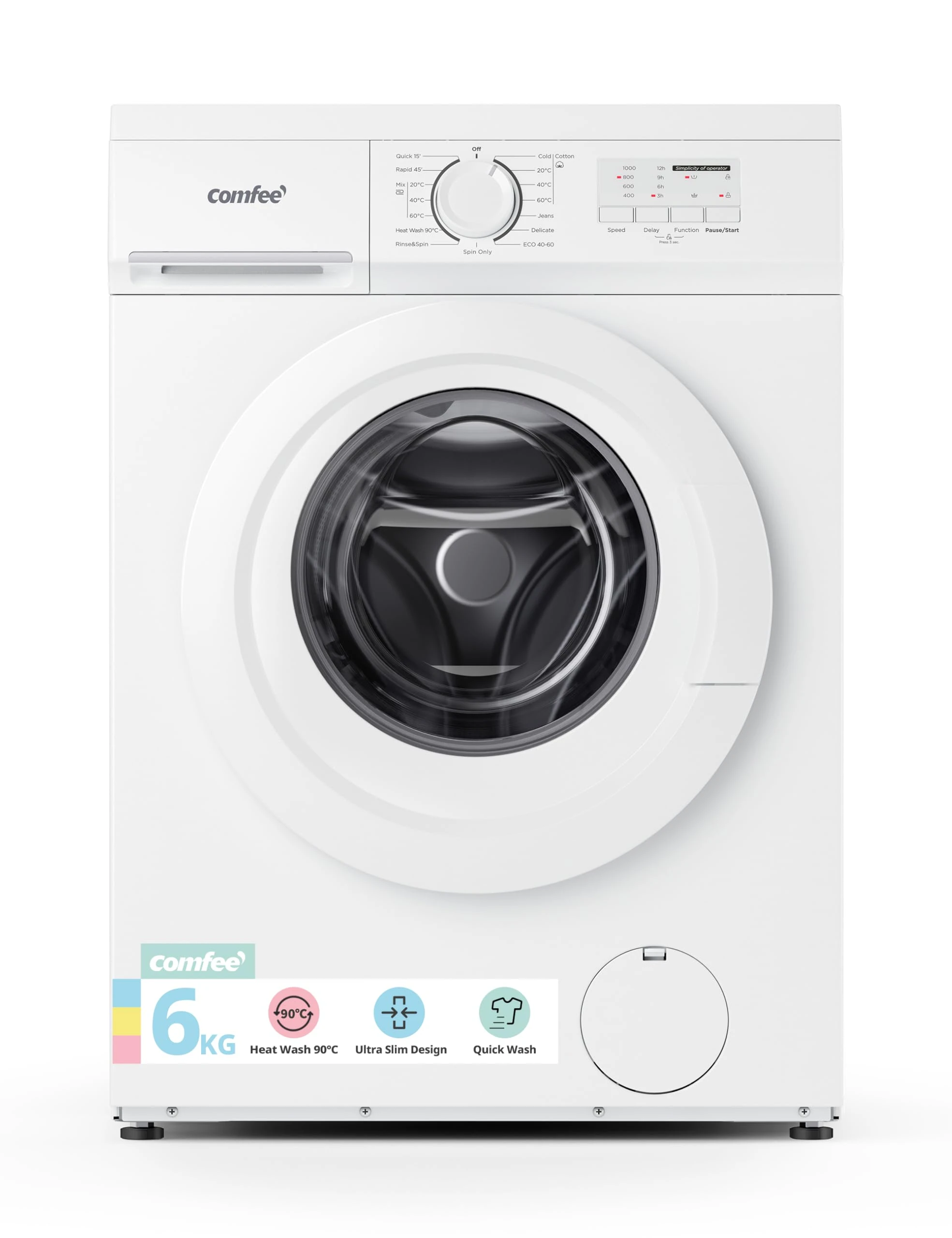 COMFEE' Freestanding Washing Machine,6KG Load,Heat Wash 90℃,Quick Wash,15 Washing Programs,White-CFE10EW60/W