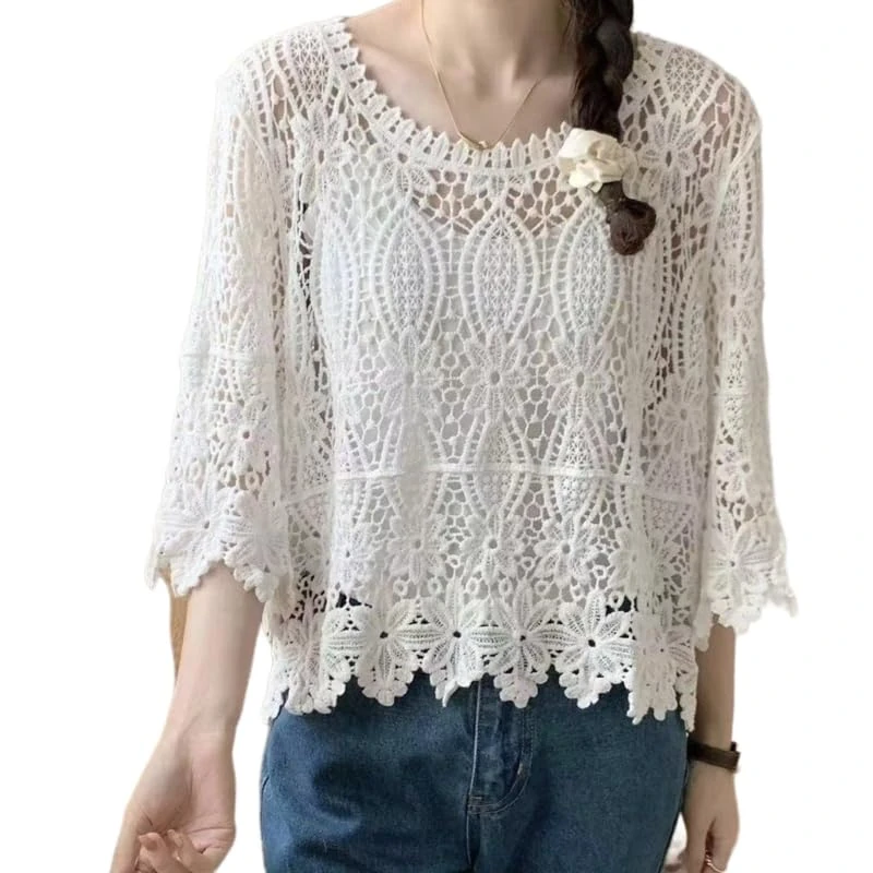Women's Crochet Knit Blouse Crew Neck Long Sleeve Hollow Out Shirt Blouse Summer Streetwear Sheer Bikini Cover Tops White