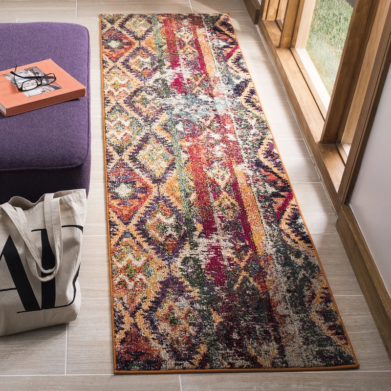 Safavieh Boho Rug for Living Room, Dining Room, Bedroom - Monaco Collection, Short Pile, in Purple and Orange, 80 x 180 cm