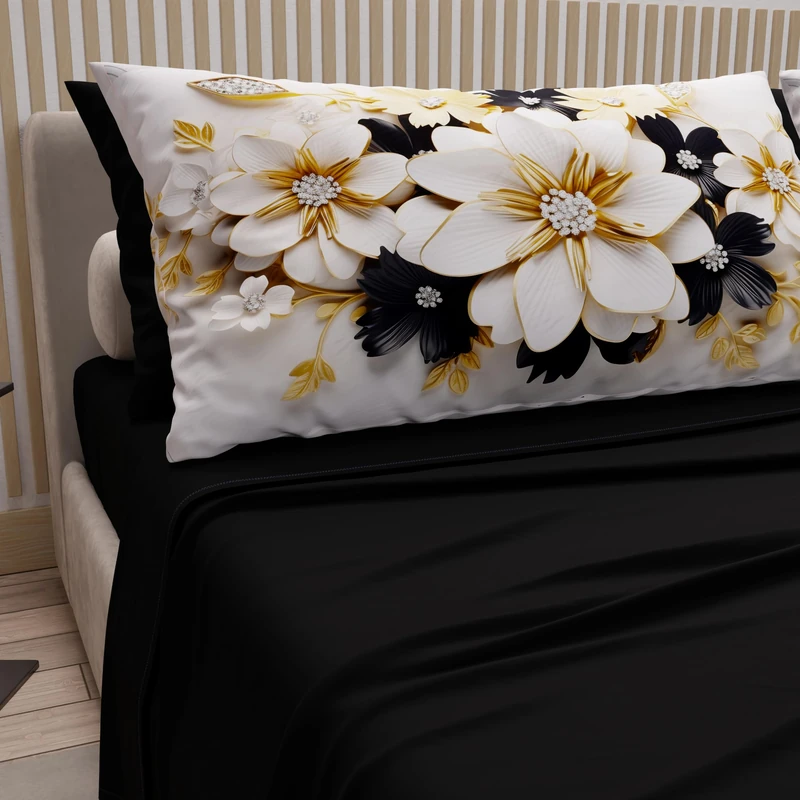 PETTI Artigiani Italiani - Cotton Sheets with Pillowcases in Digital Print, Double Bedsheets, Double Bed Set, Flower Ceramic-Black, 100% Made in Italy