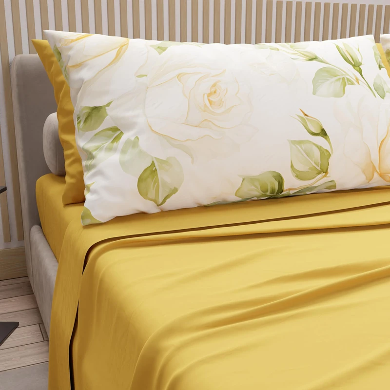 PETTI Artigiani Italiani - Cotton Sheets with Pillowcases in Digital Print, Double Bedsheets, Double Bed Set, Wedding Flower Yellow, 100% Made in Italy