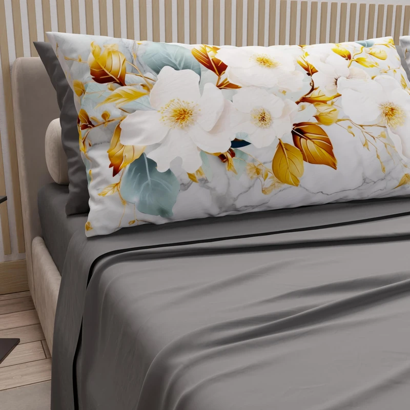 PETTI Artigiani Italiani - Cotton Sheets with Pillowcases in Digital Print, Double Bedsheets, Double Bed Set, Flower Ceramic-01-Grey, 100% Made in Italy