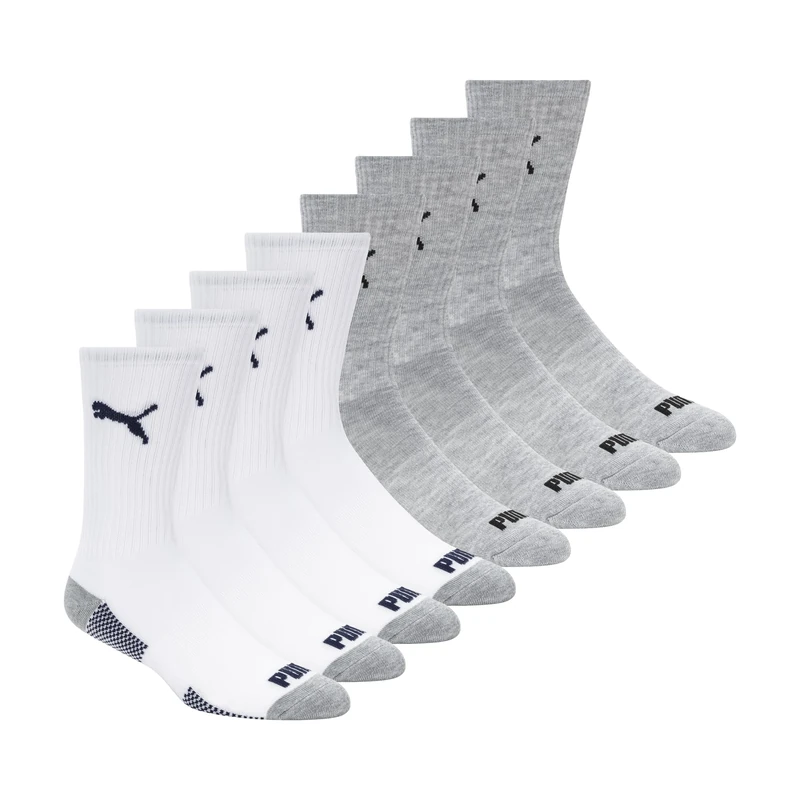 PUMA Men's 8 Pack Athletic Cushioned Crew Socks, White/Grey, 9-13 UK (Pack of 8)