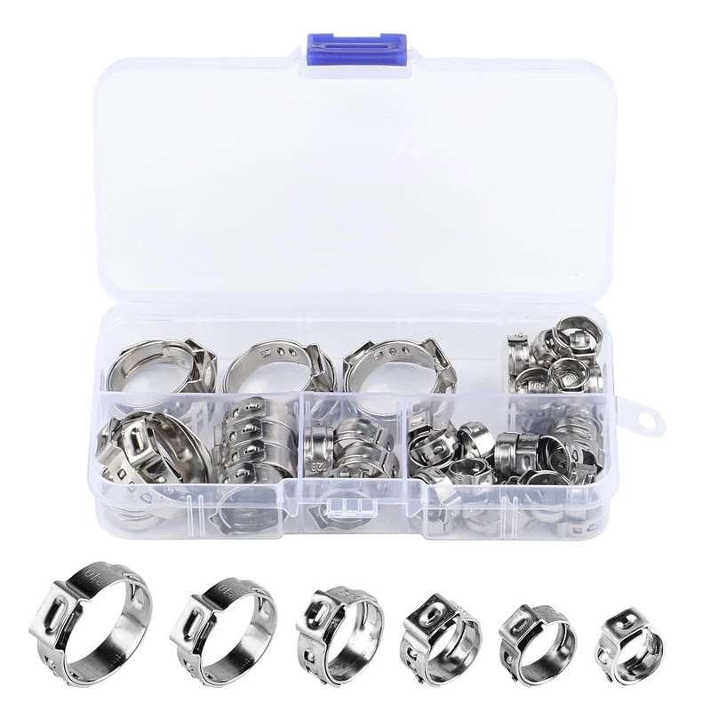 60 Pcs Hose Clips, Jubilee Clips Assorted Adjustable 6.8-25.6mm, 304 Stainless Steel Hose Clamps Set, Single Ear Stepless Worm Drive Pipe Clamps for Tube Water Pipe Pool Hoses