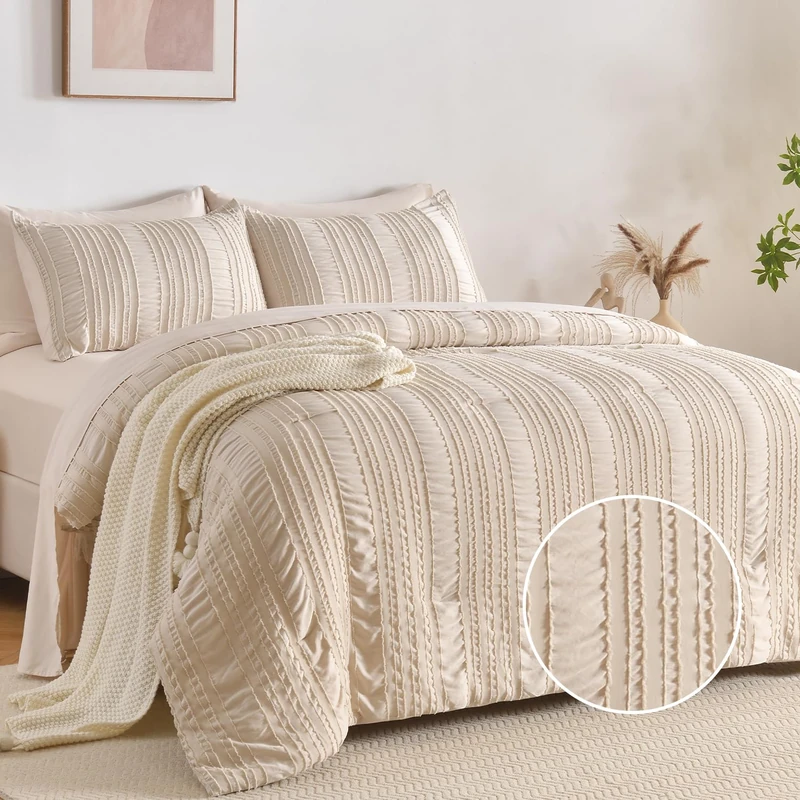 Boho Bedding Comforter Sets，bed in a bag beige Luxury Queen Size Comforter Set，Shabby Chic Aesthetic Bedding for Bedroom Comforter，Fluffy 7 pc Ruffle Comforter Set with Pillow and Coquette Bed Sheets