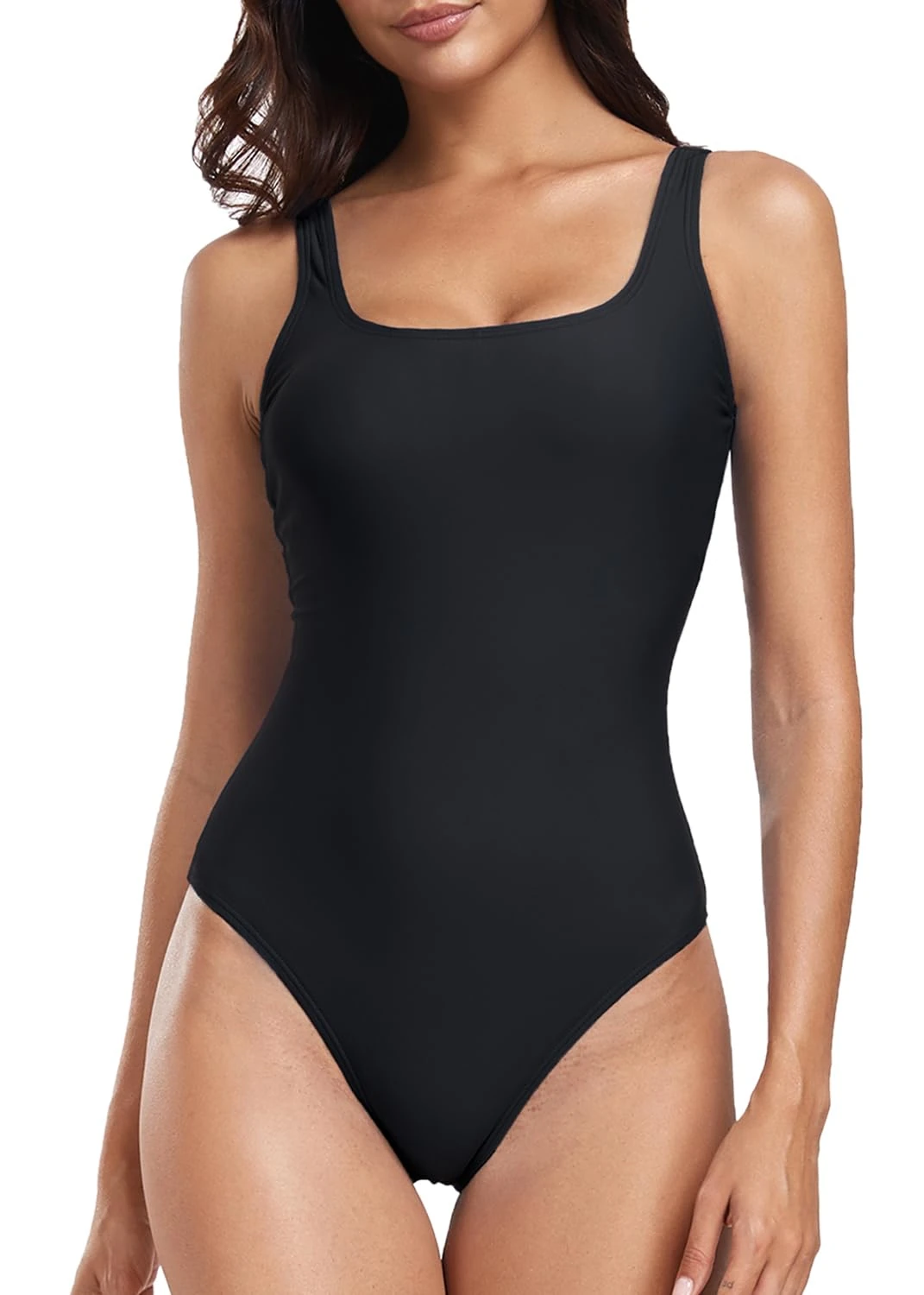 Deriwone One Piece Swimsuit Tummy Control Swimming Costume Retro Scoop Back Swimwear Padded Bathing Suits S,Black