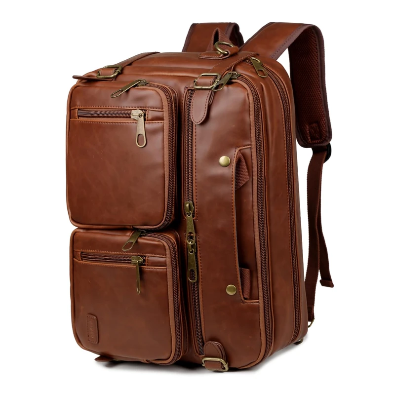 Baosha Leather Laptop Briefcase Backpack Hybrid Large 17 inch Laptop bag Travel Carry on Backpack Vintage for Men HB-22, Brown, L, Leather Briefcase Bacpack for Men