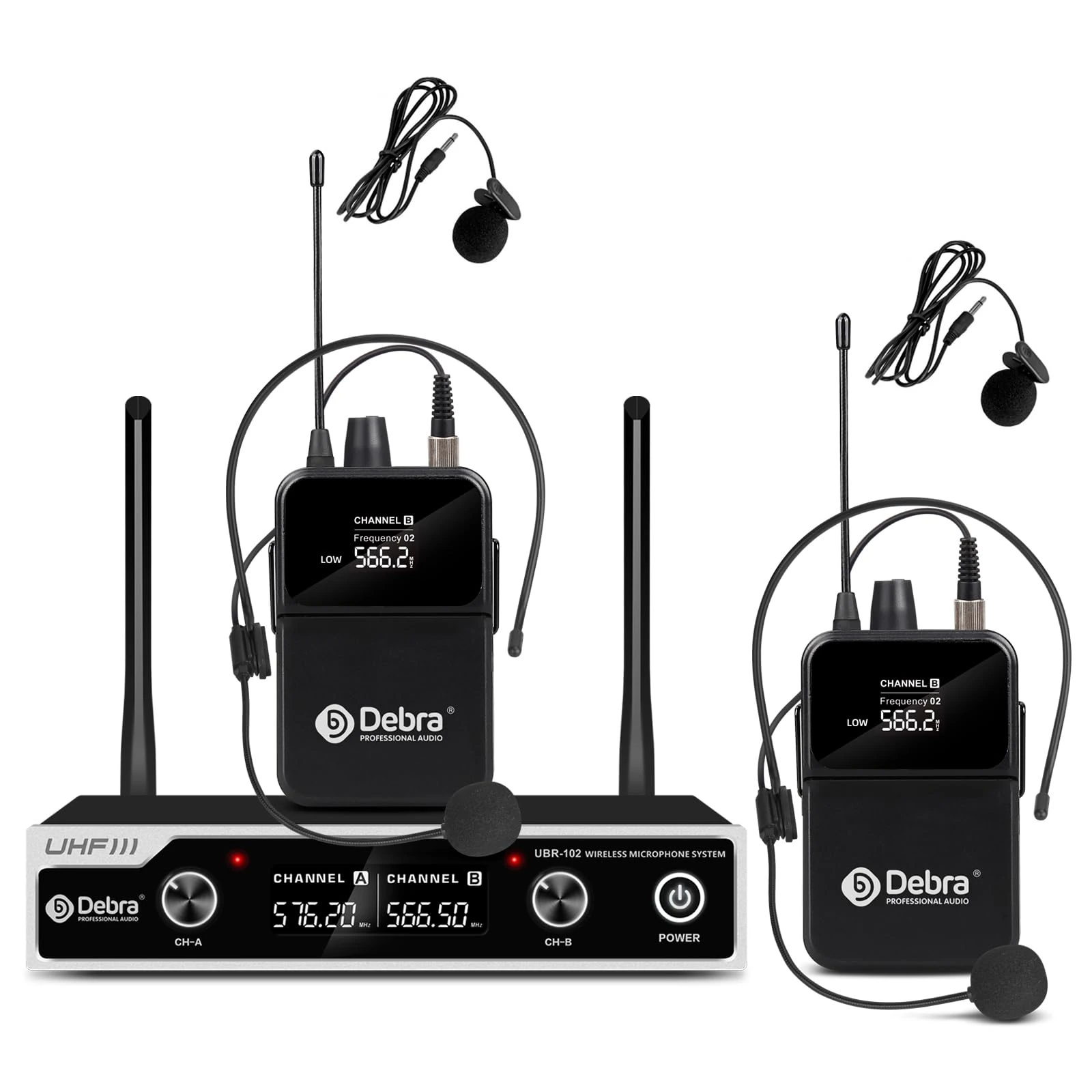 UHF Wireless Microphone System UBR-102, Cordless Handheld, Lavalier & Headset Mics, 260ft Range, Ideal for Church, Lectures, Karaoke, Weddings, DJ, Bars (2 Bodypacks)