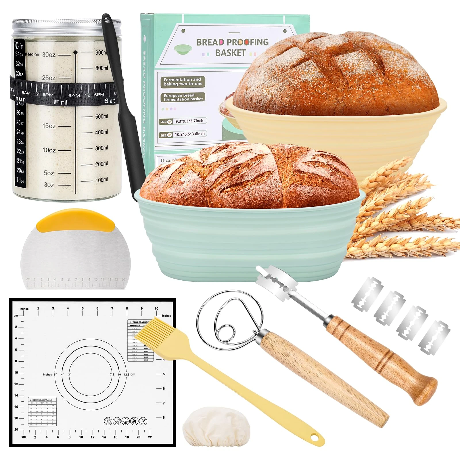 WADEO 18PCS Sourdough Starter Kit, 34oz Sour Dough Making Kit + 2 Bread Proofing Basket, Thermometer, Feeding Time Tracker, Metal Scraper and Complete Supplies, Perfect for Baking Beginners