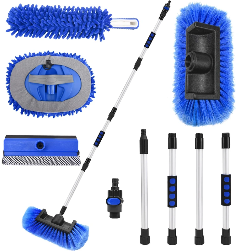Lezcufer 65" Car Wash Brush with Long Handle, Car Wash Mop, Flow-Thru Soft Bristle Car Washing Brush with Extendable Handle and Hose Attachment for Car, SUV, Truck,RV, Boat