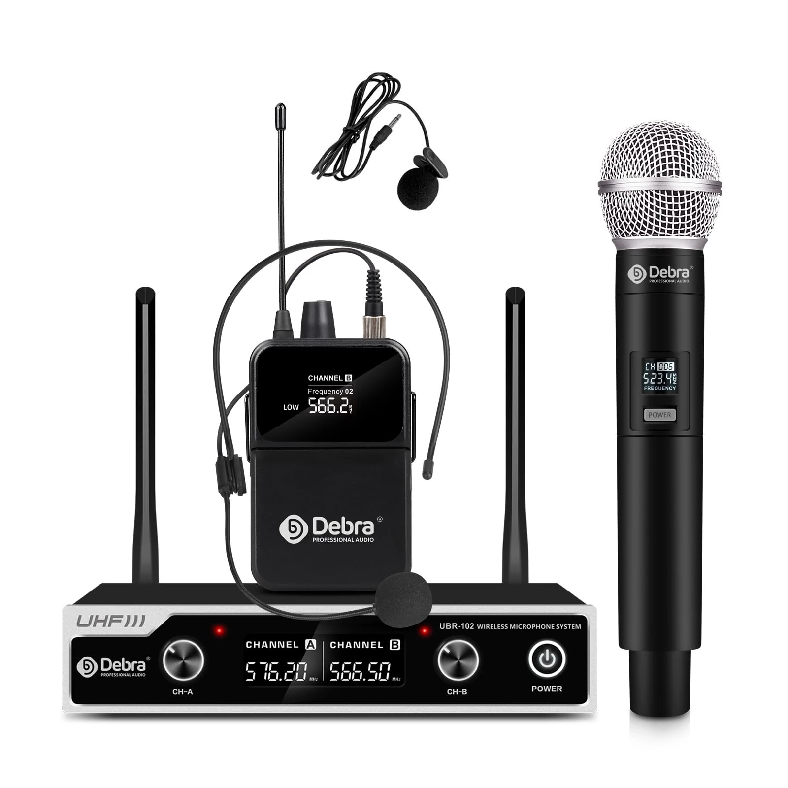 Wireless Microphone System UHF UBR-102 with Handheld, Lavalier & Headset Mics, 260ft Range, Ideal for Church, Lectures, Karaoke, Weddings, DJs & Bars (1 Handheld & 1 Bodypack)
