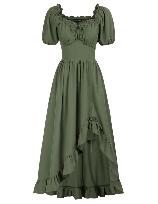 Scarlet Darkness Renaissance Dress Women Cottagecore Corset Dress Ruffle Maxi Dress with Pockets, Olive Green, M