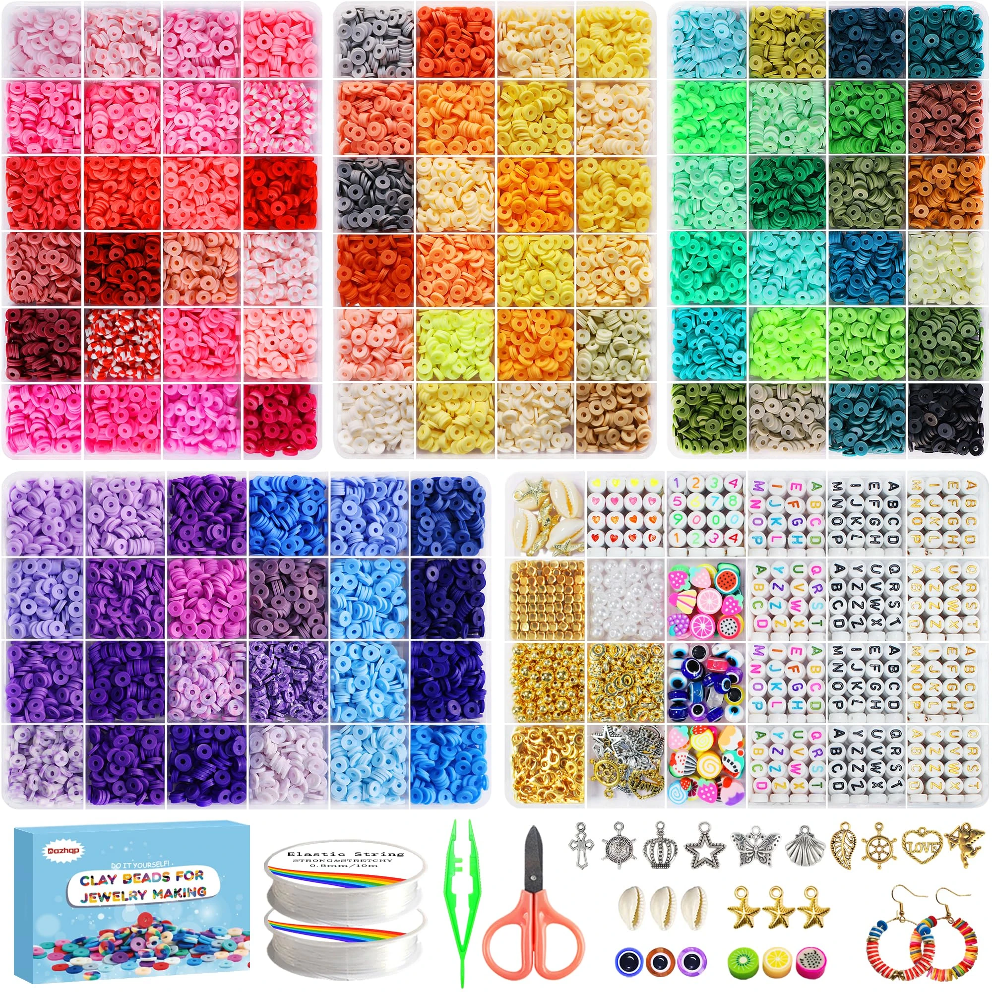 Dazhqp 20000 Clay Beads Bracelet Making Kit, 96 Colours 5 Boxes Flat Polymer Heishi Beads Set for Friendship Jewellery Necklace Earring Making Kit, with Charm Crafts Gifts for Teen Girls Kids Adults