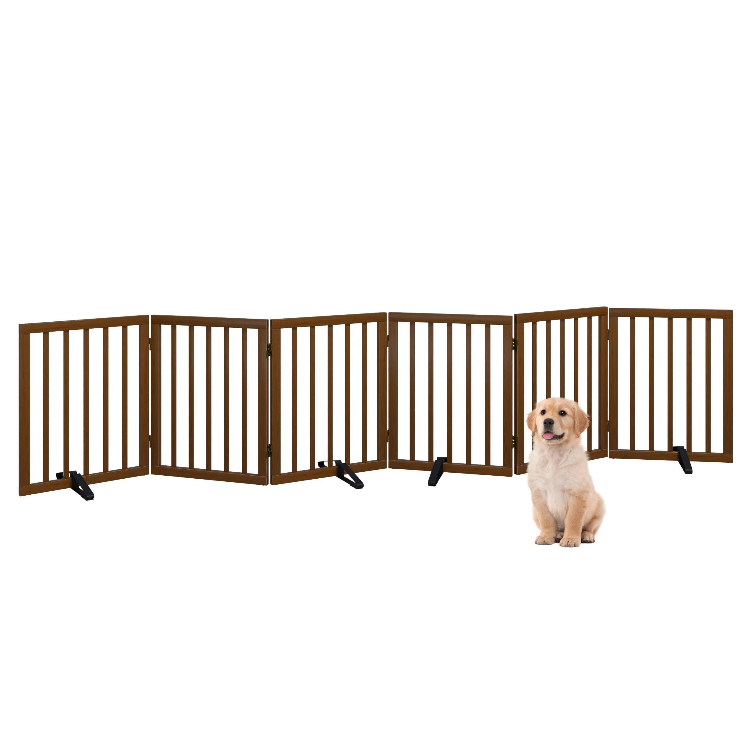 Dog Gates for Doorways, Foldable Dog Gate Indoor, Freestanding Pet Gates for Doorways Bedroom, Puppy Gate with Metal Support Feet, Room Divider 6 Panels (Walnut)