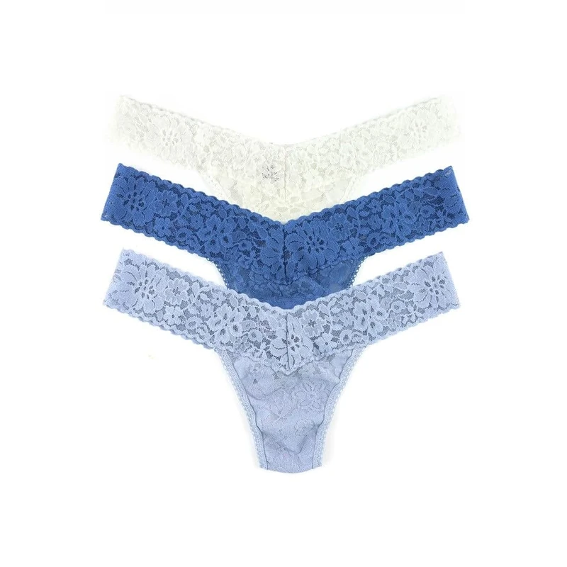 Hanky Panky Daily Lace Low Rise Thong - Women's Stretch Lace Panties, Set 3 Pieces, Women's Thong with Low Waist, Cotton and Nylon, Lingerie for Women's Underwear Set, One Size, Marshmallow/Grey