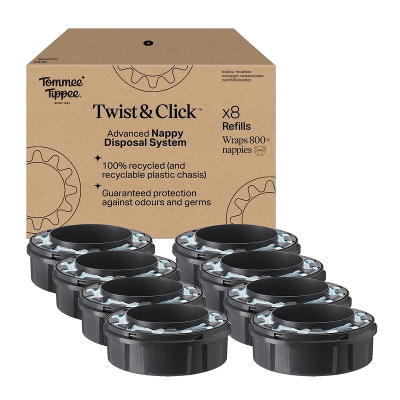 Tommee Tippee Twist and Click Advanced Nappy Bin Original Refill Cassettes, Exclusive Pack of 8, 10.5 metres each, for Easy refill and Great value, 8 X 10.5m (pack may vary).