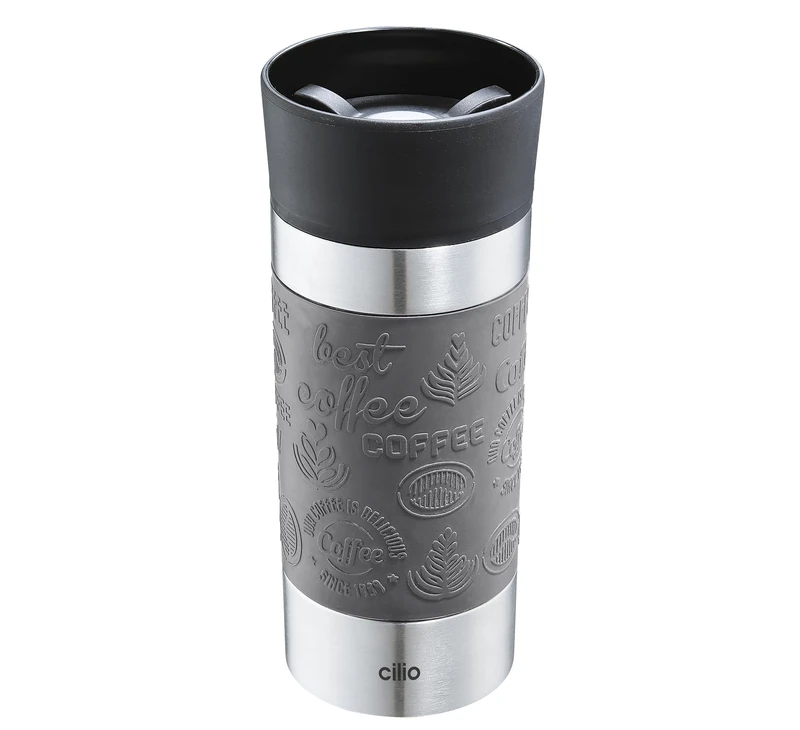 Cilio Viaggio Insulated Drinking Cup, Stainless Steel Thermal Mug to Go, Plastic Lid, 360° Drinking Cap, Double Wall System, Shatterproof and Leak-Proof, 360 ml, Height: 19 cm, Grey