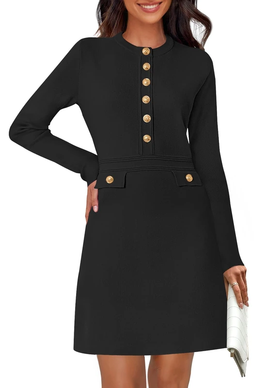 MEROKEETY Women's Long Sleeve Bodycon Sweater Dress Button Crew Neck Elegant Formal Mini Dresses, Black, L