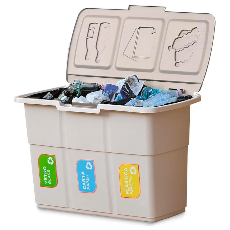 Avilia 3 Compartment Waste Separation Bin 25L Taupe - 75L Compact Design Hinged Lid Heavy Duty Plastic Ideal for Home and Office Use