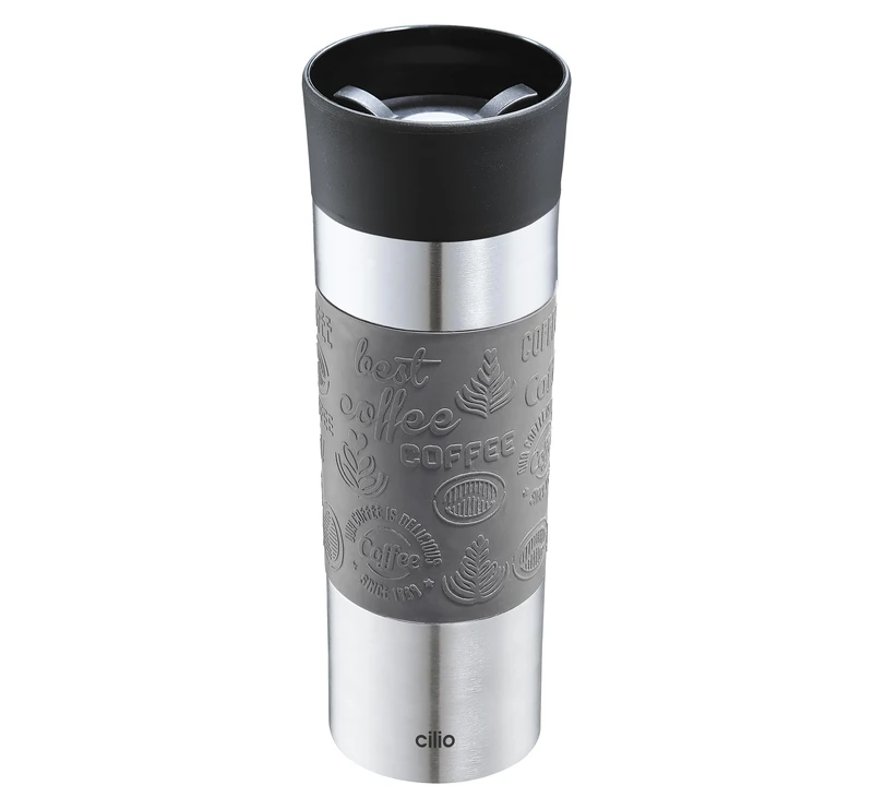 Cilio Viaggio Insulated Drinking Cup, Stainless Steel Thermal Mug to Go, Plastic Lid, 360° Drinking Cap, Double Wall System, Shatterproof and Leak-Proof, 500 ml, Height: 22.5 cm, Grey