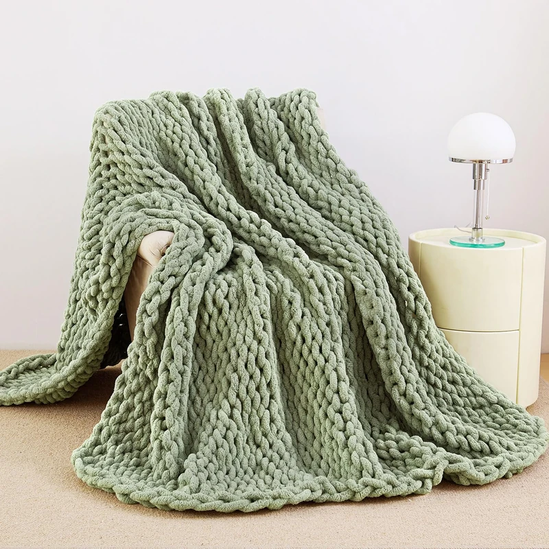 Admitrack Chunky Knit Blanket Throw, 100% Hand Knit Chenille Throw Blanket for Sofa & Home Decor, Soft and Cozy Knitted Throw Blankets (Sage Green, 60""x80""), XNR010