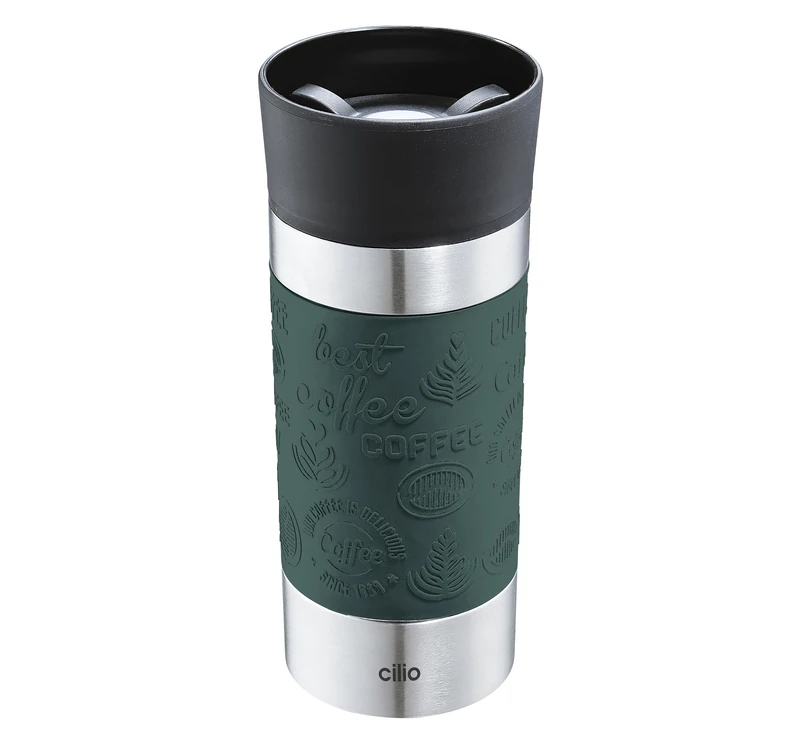 Cilio Viaggio Insulated Drinking Cup, Stainless Steel Thermal Mug to Go, Plastic Lid, 360° Drinking Cap, Double Wall System, Shatterproof and Leak-Proof, 360 ml, Height: 19 cm, Dark Green